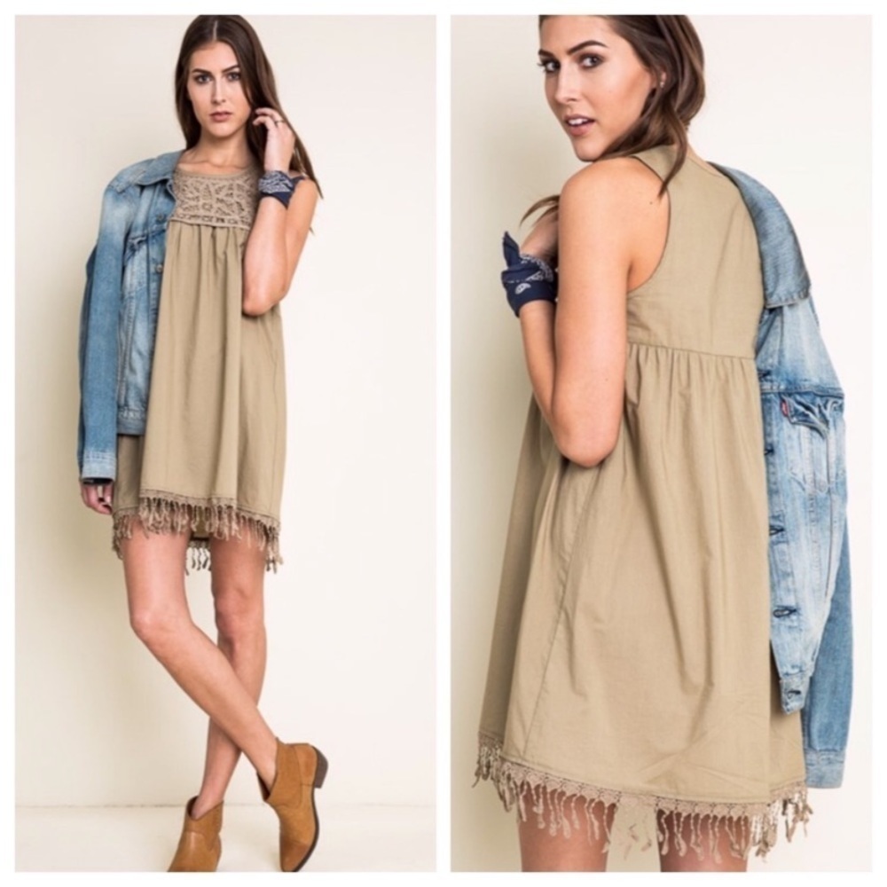 Last! Taupe Lace Detail Trapeze Tassel Dress